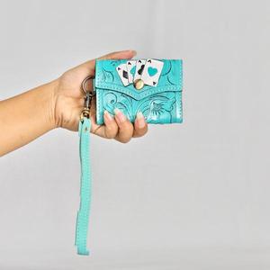 Genuine Leather Card Holder Turquoise Color Button Closure Minimalist Style Unisex Short Wallet Canvas Lining - Product Image 1
