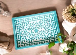 Bandeja Otomana Artesanal de Hueso con Incrustaciones de Concha, Decorativa Floral/Geométrica, para Mesa de Centro, Diseño Moderno Rústico - Product Image 2