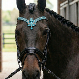 Couronne élégante de luxe en cristal bleu turquoise en forme de V, serre-tête pour cheval, en cuir rembourré fait main, personnalisable pour le dressage - Product Image 6
