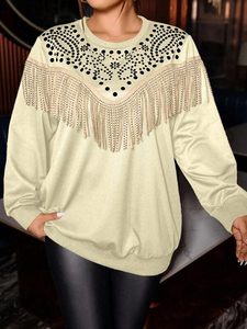 Beige <b>Fringe</b> Oversized Winter Women's 100% Cotton Long Sleeve Rhinestone Yoke Pullover Western Style Beaded Streetwear Fashion - Product Image 6