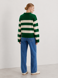 Pull décontracté pour femme en maille rayée verte avec col, color block, anti-plis, en polyester/coton doux et respirant - Product Image 4