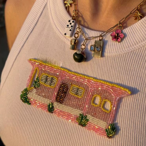 Pink House Beaded Embroidery Ribbed Cotton Tank Top For Women Sleeveless Summer <b>Round</b> Neck Casual Apparel Handcrafted Fashion - Product Image 1