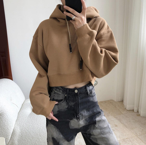 เสื้อฮู้ดครอปท็อปผู้หญิงผ้าฟลีซ 345GSM สไตล์เรโทร ถักจากผ้าฝ้ายผสมโพลีเอสเตอร์  โลโก้ด้านหน้า ทรงหลวม ใส่สบายสำหรับฤดูใบไม้ร่วง - Product Image 5