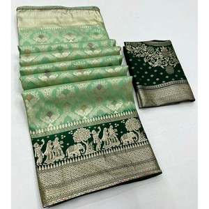 GREEN CLUB PARTY WEAR MUSELINA SEDA ZARI WORK SAREE con BLUSA DESCOSTADA ROPA - Product Image 2