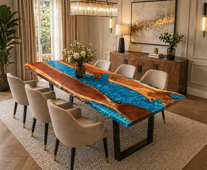 <b>Live</b> <b>Edge</b> Wood Epoxy River Dining <b>Table</b> Ocean Blue Resin Surface Custom Handmade Furniture for Home - Product Image 2