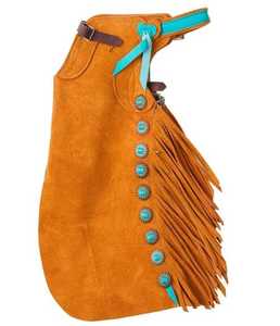 Premium Rodeo Leather Full Chaps with Chinks Fringe Detailing and Heavy Duty <b>Snap</b> Closures for Cowboy Ranch Riding Apparel - Product Image 2
