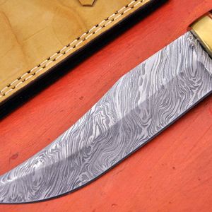 Couteau à lame fixe en acier Damas, couteau de chasse à pointe tombante, épaisseur de 0,6 mm, manche en os avec étui en cuir - Product Image 5
