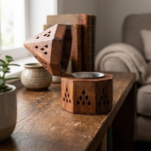 Quemador de incienso de madera tallado a mano con incrustaciones de elefante de latón - Product Image 2