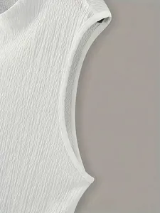 Men's <b>White</b> O-Neck Solid Color Spandex Front Logo Breathable Knitted <b>Tank</b> <b>Top</b> Casual Style - Product Image 4