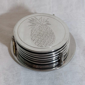 Handcrafted Metal Grape Motif Round <b>Coaster</b> Set With Holder <b>Silver</b> Drink <b>Coasters</b> Tableware Decorative Unique Handicraft Item - Product Image 2