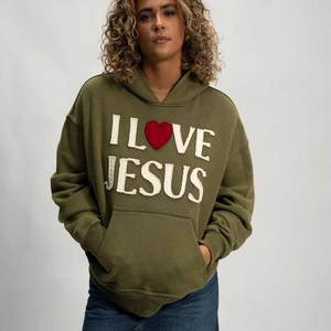 Sudadera con Capucha I Love Jesus God Blessed Christian, de Algodón Grueso, Estilo Vintage, Bordada - Product Image 2