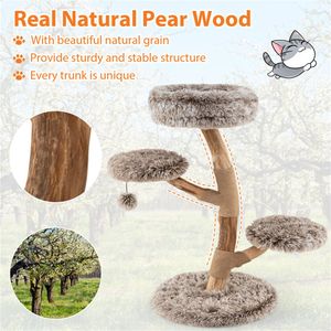 Torre per Gatti in Legno di Pero Naturale 49,5x90 cm a 4 Livelli con Tiragraffi in Juta e Palla Lunga in Peluche per Arrampicata, Confezionata in Cartone - Product Image 2
