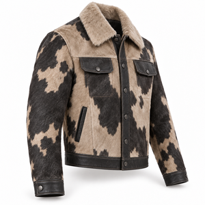 Veste de cowboy pour homme en patchwork de cuir de vachette, style western trucker, avec col en peluche, coupe courte, boutonnée sur le devant, vêtement d'extérieur décontracté urbain et tendance - Product Image 3