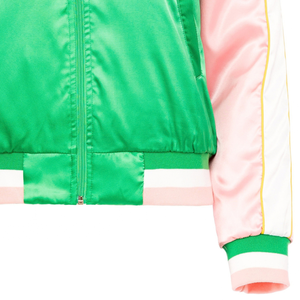 Crest Satin Bomber <b>Jacket</b> Pink and Green <b>Women</b> Sorority Inspired Embroidered Varsity Coat <b>Lightweight</b> Casual Greek Style - Product Image 4