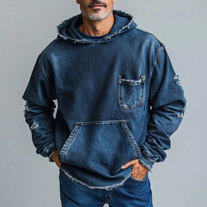 <b>Men's</b> Vintage Denim Hoodie Solid Color 100% Cotton Casual Sweatshirt with Pockets Regular Fit Autumn Wear - Product Image 3