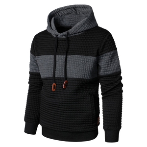 Sweat à capuche texturé en maille gaufrée noir et gris pour homme - Pull en molleton patchwork color-block - Streetwear urbain décontracté épais - Product Image 2
