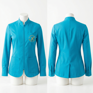 Chaqueta de Barbería para Mujer, 220 GSM, Sarga de Polialgodón, Color Crema Beige, Diseño de Paneles, Logotipo Personalizado con Serigrafía y Bordado, Ropa de Salón - Product Image 6