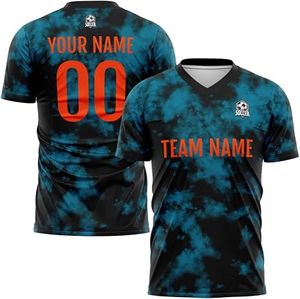 Ensemble de maillots de football personnalisés haut de gamme pour hommes, noir et turquoise, sublimés, col en V, anti-humidité, manches courtes, coupe athlétique, toutes saisons - Product Image 6