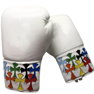 Gants de boxe en cuir blanc personnalisables à lacets pour entraînement de kick-boxing, en cuir véritable, prix de gros - Product Image 1