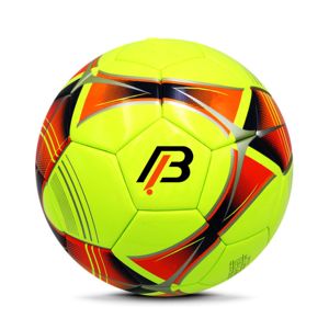 Ballon de football jaune vif avec accents rouges et noirs, durable, léger (0,4-0,45 kg), emballage carton. - Product Image 2