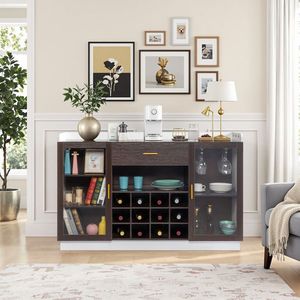 Credenza Portabottiglie per 12 Vini con Doppia Porta in Vetro, Cassetto Singolo, Telaio Nero, Pannelli Interni Bianchi e Marroni in Truciolato - Product Image 1