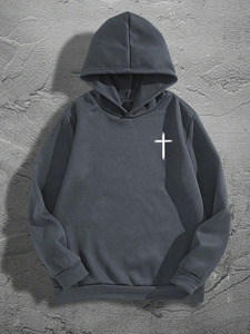 Sweat-shirt à capuche gris foncé personnalisé OEM pour femme avec imprimé croix blanche, coupe classique, en coton tricoté, pour tenue décontractée d'automne - Product Image 1