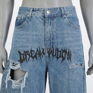 Men's High Waist Wide Leg Distressed Denim <b>Jeans</b> With Ripped Detail And Front Logo <b>Punk</b> Style Autumn Wear - Product Image 5