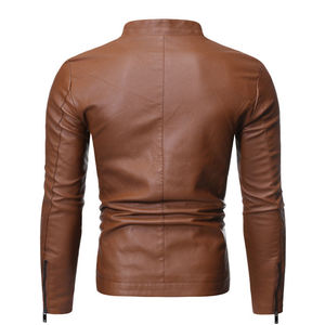 เสื้อแจ็คเก็ตหนัง PU สีน้ำตาลสำหรับผู้ชาย ยี่ห้อ DEFENCE INDUSTRIES สำหรับฤดูหนาว กันน้ำ กันลม สไตล์นักขี่มอเตอร์ไซค์ คอตั้ง ทรงเข้ารูป ซิป - Product Image 1
