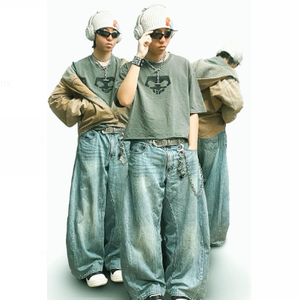 Pantalones Anchos de Mezclilla Lavada para Hombre, Corte Holgado, Cintura Media, Estilo Hip Hop, Tela de Algodón, para Otoño - Product Image 1