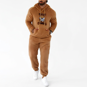 Conjunto de Sudadera con Capucha de Forro Polar Marrón para Hombre con Estampado, Chándal Informal de Manga Larga, Pantalones Deportivos, Conjunto de Dos Piezas, Ropa de Invierno - Product Image 5