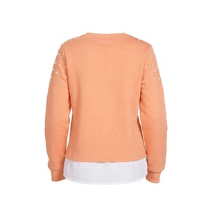 Sudadera de mujer con cuentas color melocotón, informal, de manga larga, cuello redondo, efecto de dos piezas, con dobladillo superpuesto, de forro polar, a la moda para mujer - Product Image 2