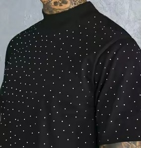 T-shirt unisexe en coton tricoté 100 % pour homme, coupe oversize à épaules tombantes, col rond, avec logo personnalisé en strass vintage, vente en gros - Product Image 6