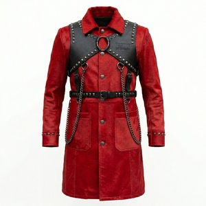 Custom Men Hair On Hide Real Leather Trench Coat Wholesale Studded Harness Heavy Metal Chain <b>Punk</b> Overcoat Supplier Factory - Product Image 1