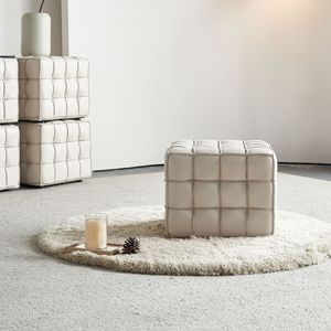 17.32'' Genuine <b>Leather</b> Tufted Ottoman Beige <b>Footstool</b> for Living Room & Bedroom - Product Image 5