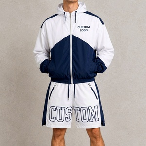 Conjunto de Dos Piezas de Ropa Urbana de Nailon para Hombre, Chaqueta y Pantalones Cortos con Bloques de Color, Cuello Alto y Estampado Gráfico con Letras - Product Image 5