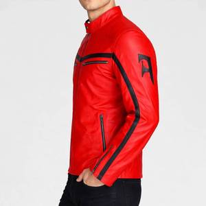 Lorenzo Red Stripped Caf <b>Racer</b> <b>Jacket</b> Genuine Leather Streetwear Style Men's - Café <b>Racer</b> <b>Jacket</b> Red Leather - Product Image 2