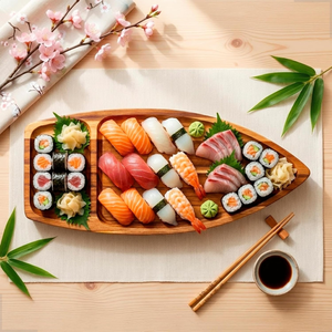 Plateau à sushi en bois d'acacia de design asiatique, plateau de service en bois pour sushi et plats japonais, provenance Vietnam, usine B2B - Product Image 3