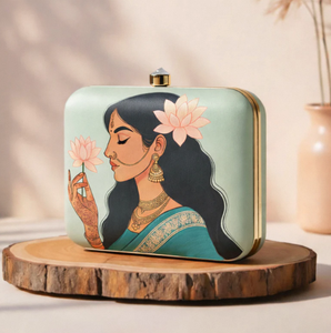 Designer Lotus Lady Printed Clutch Pastel Green Metal <b>Frame</b> Hard Case Satin Fabric Exterior Raw Silk Inner Crystal Stone Closure - Product Image 3