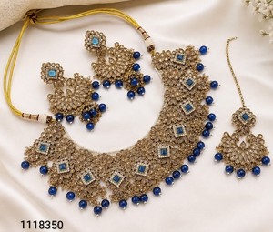 Gold Plated Zinc Alloy Latest Designed Customized Package <b>Bridal</b> <b>Jewelry</b> <b>Set</b> Choker Necklace Drop Earrings Tikka High Quality - Product Image 1