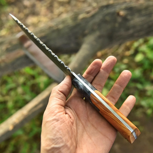 Cuchillo de caza para exteriores de acero de Damasco de grado industrial 2026, mango de madera de olivo de espiga completa, hoja de punta caída, fabricante OEM - Product Image 4