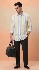 <b>Men's</b> <b>Yellow</b> Blue <b>Checks</b> Double Breasted Woven Cotton Casual <b>Shirt</b> Full Sleeve Turn-down Collar Breathable Summer Style Enovate - Product Image 3