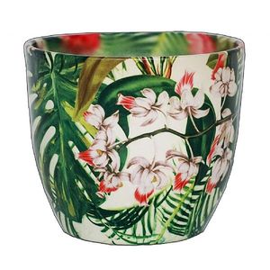 Vase rond en céramique fait main de Linea Exports Inc avec motif floral, style bohème, finition brillante, décoration de table - Product Image 2
