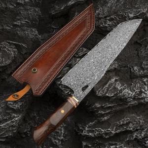 Couteau de chef japonais professionnel fait main de 8 pouces avec manche en bois de fer fossile, acier Damas VG10, étui en cuir, PRESTIGE BLADES - Product Image 1