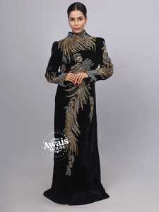 Awais House Women's Black Velvet Polyester Natural Waist Floor-Length V-neck Long Sleeve Beaded Embroidery Modest Evening A-Line - Product Image 1
