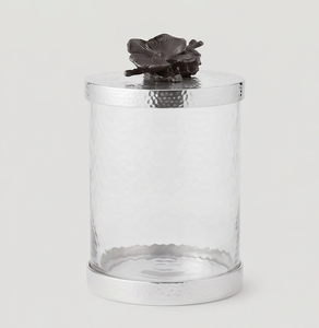 <b>Round</b> Glass Food Container With Silver Lid And Flower Knob Minimalist Design For Kitchen Storage And <b>Table</b> Decor - Product Image 1
