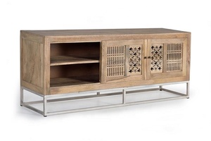 Modern Industrial Mango Wood Iron <b>Storage</b> TV Stand with Carved Design for Living Room Bedroom Hotel Home Dining - Product Image 2