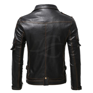 Blouson moto en cuir PU noir pour homme, col rabattu, fermeture éclair, manches classiques, coupe ajustée, coupe-vent, automne - Product Image 2