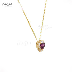 Collier Cœur Halo en Grenat Rhodolite Naturel 5mm avec Diamant en Or Jaune Massif 14 carats, Prêt à Expédier – Bijoux en Promotion - Product Image 3