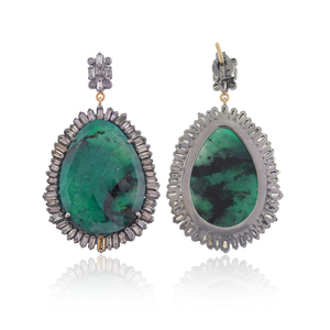 Natural Emerald Gemstone Prong Set Baguette Diamond Drop Dangle Oxidized 925 Silver Designer Women's Earrings Fine Jewelry - Product Image 5