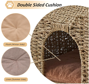 Handwoven Fiber Cat Bed Cave Square <b>Indoor</b> All Seasons Collapsible Pet Bed for Cats Natural Color Durable Design - Product Image 5